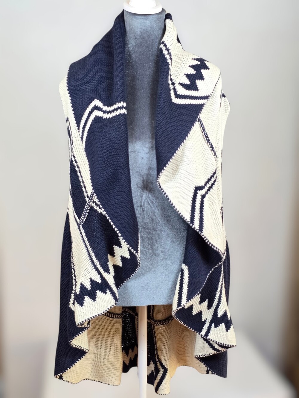 Southwestern Open Front Draped Knit Cardigan Geometric Pattern Duster Sz. 1X